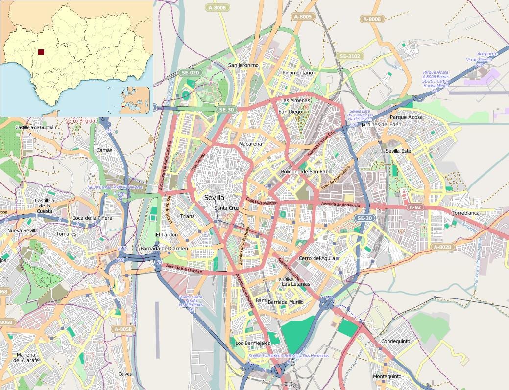 karte Seviljā spānijā apkārtne